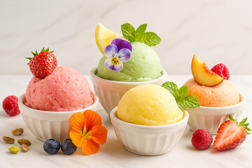 Colorful fruit sorbet in elegant bowls with fresh toppings on white marble