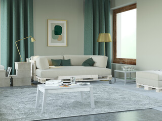 Modern living room interior with a DIY pallet sofa. Contemporary home decor with green curtains and gold lamps. 3d rendering upcycled furniture concept