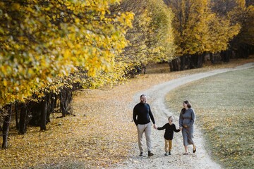 Expecting family walking on autumn road together