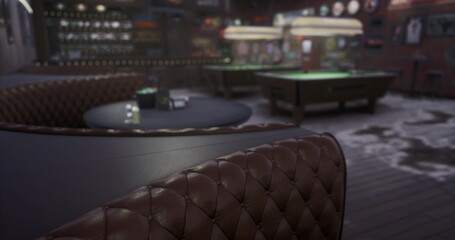 Plush leather seating surrounds polished tables in a relaxing game room. Dim lighting highlights the vibrant pool tables, creating an inviting atmosphere for casual gamers.
