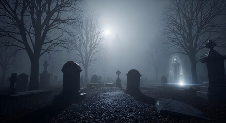 Eerie Ghostly Figure Haunting Foggy Graveyard at Night