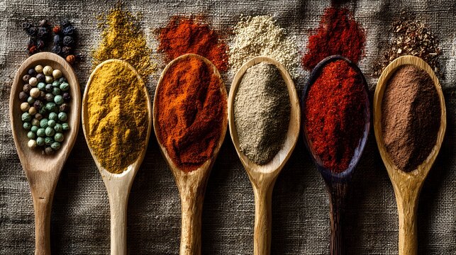 Wooden spoons hold colorful spices on a textured surface.
