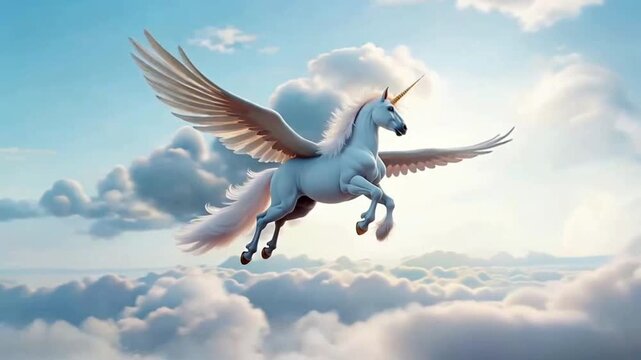 A white horse with horns and beautiful wings flies above the white clouds when the sky is clear.
