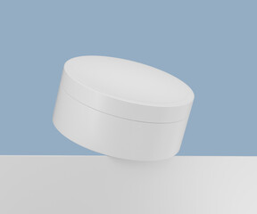 White cosmetic cream jar mockup on a minimalist blue and white background, 3d illustration