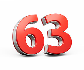 Bold Vibrant Red Number Sixty three Number 63 With Metallic On White Background 3D Illustration
