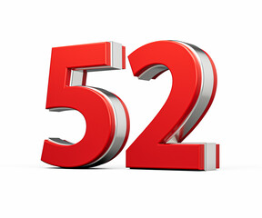 Bold Vibrant Red Number Fifty two Number 52 With Metallic On White Background 3D Illustration