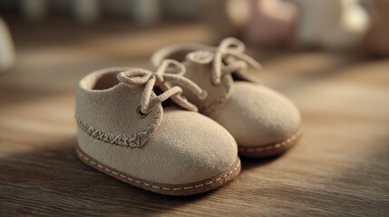 Adorable beige baby shoes with lace detail, resting on a wooden surface in a warm and inviting setting.