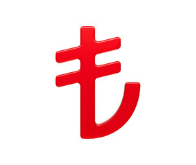 3D Red Turkish Lira symbol with a glossy surface, representing digital currency. 3d Illustration