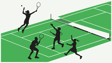Dynamic Silhouette Tennis Players on Green Court. Energetic Women Athletes Playing Doubles Match for Sport, Fitness, and Active Lifestyle Promotion