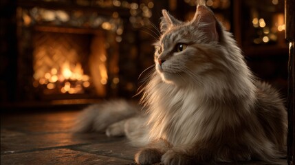 A beautiful long-haired orange tabby cat lounges elegantly in front of a cozy fireplace, radiating warmth and comfort.