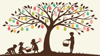 Happy Children on Easter Egg Hunt Collecting Colorful Eggs from Spring Tree Silhouette for Family Holiday Celebration and Marketing