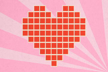 Pixelated red heart illustration on pink geometric background