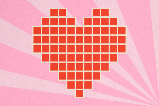 Pixelated red heart illustration on pink geometric background