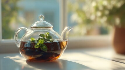 A beautiful glass teapot filled with aromatic tea and fresh mint leaves, set in a sunlit room, creating a cozy ambiance.
