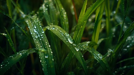 Lush green grass blades covered with sparkling dew drops shimmer.