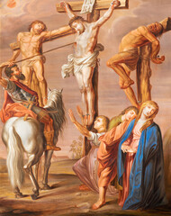 SALZBURG, AUSTRIA - SEPTEMBER 6, 2025: The painting of Crucifixion in the church Pfarrkirche Mülln by unknown baroque artist.