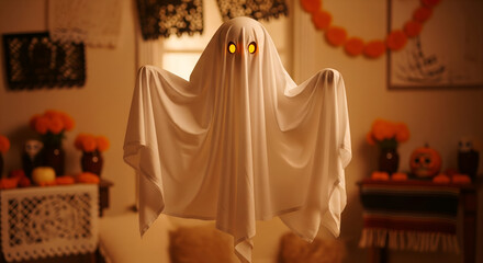 Spooky White Sheet Ghost with Orange Eyes Floating in Festive Room