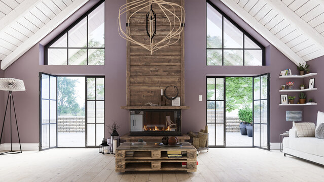 3d rendering interior of a modern rustic living room with a fireplace. Spacious home with a high vaulted ceiling and pallet furniture. Cozy scandinavian style home decor