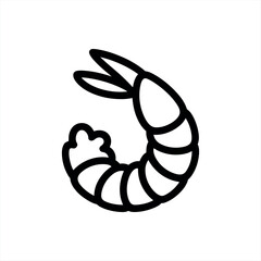 Simple black and white outline of a shrimp for food and seafood designs