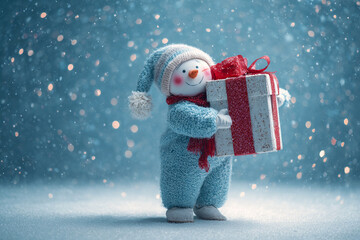  A snowman is hugging a giant Christmas present.