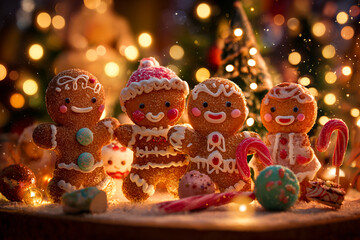 Gingerbread Men Decorating a Christmas Tree with Candy Ornaments