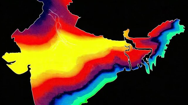 Abstract colorful map illustration on black background with temperature gradients