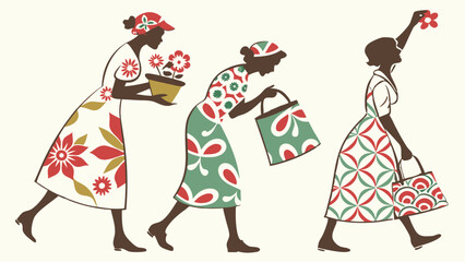Three Black Women Walking with Shopping Bags and Flowers. Retro Illustration of Diverse Community Lifestyle, Spring Activities, and Retail Themes.