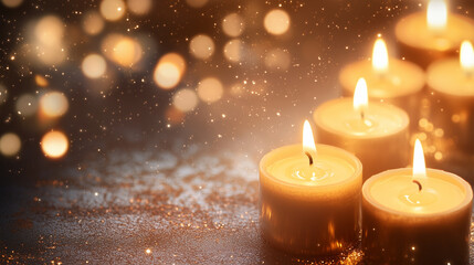 Holiday candle. Christmas candles burning at night. Golden light of candle flame