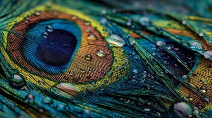 Fototapeta premium Detailed macro of a colorful peacock feather with water droplets.