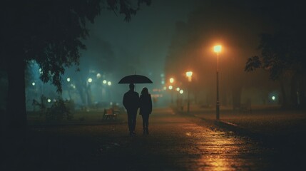 A couple, silhouetted against the rainy night, walks hand in hand under an umbrella in a dimly lit park.
