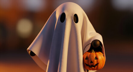 Cute Ghost with Orange Pumpkin Bucket on Halloween Evening