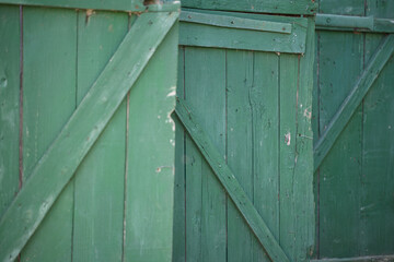 Old green wooden barn door with rustic texture and weathered paint