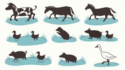 Playful Farm Animals Cow Horse Pig Duck Goose Wading in Puddles Vector Illustration for Kids Books and Educational Design