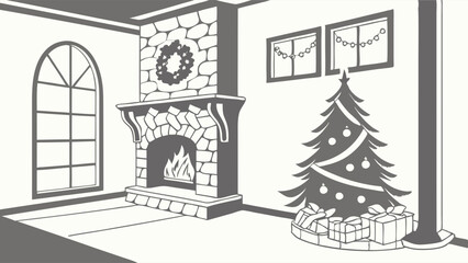 Black and White Illustration of a Cozy Christmas Living Room with Fireplace Decorated Tree and Presents Festive Holiday Interior for Seasonal Marketing and Greeting Cards