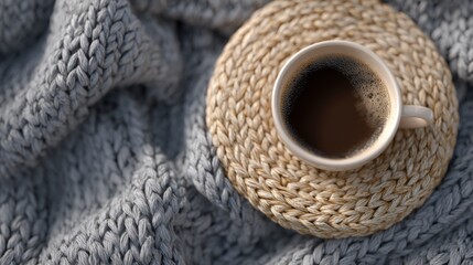 A cozy cup of black coffee resting on a handwoven coaster atop a soft gray knitted blanket.