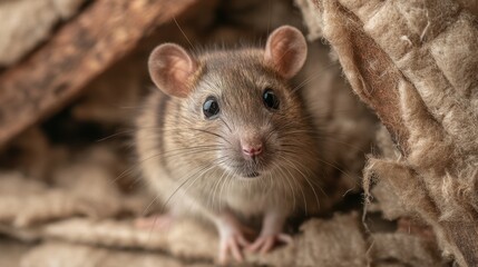 Close-up of a curious brown mouse peeking out from its cozy nest made of natural fibers in a rustic, warm-toned environment, showcasing its tiny features