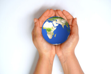 Global, planet on hands white background.