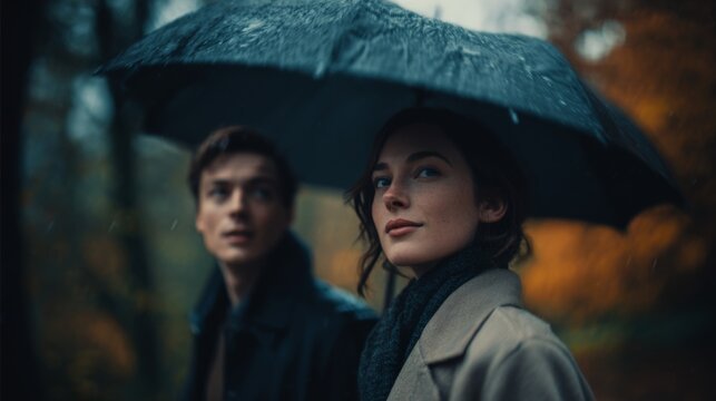 A young couple, one male and one female, walking together under a black umbrella on a rainy autumn day, surrounded by colorful foliage. - Powered by Adobe