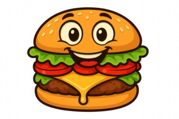 Happy cheeseburger cartoon mascot smiling, having an anthropomorphic face, representing fast food and tasty meals