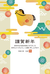 2026年午年年賀状　水彩風　馬と菊と富士山