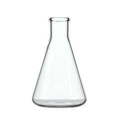 A transparent, triangular flask with a rounded base and narrow neck against a black backdrop