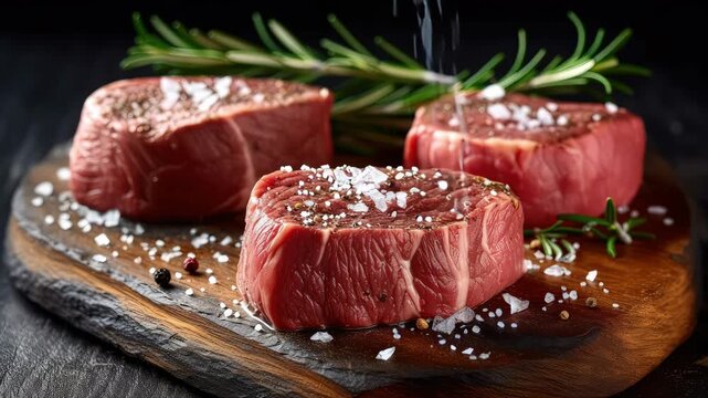 Fresh meat chops with rosemary on a wooden table. Generative AI video - Powered by Adobe