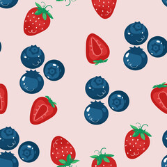 Pixel Art Strawberry and Blueberry Pattern on Light Pink Background Seamless Repeating Design Fresh Fruit Illustration