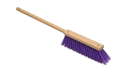 Angled broom with wooden handle and purple bristles, isolated
