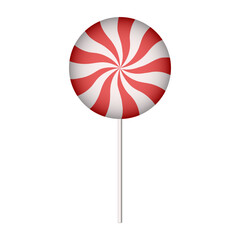 Red and white spiral lollipop isolated on white background, sweet candy concept