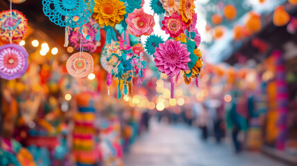 Vibrant outdoor market scene adorned with canopy of colorful paper flowers, intricate crochet ornaments, and glowing bokeh lights creating festive, joyful atmosphere