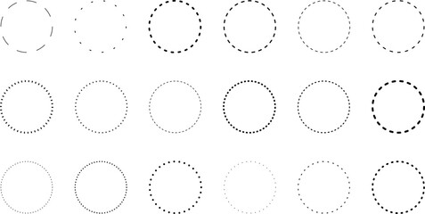 Dotted circle. Round dotted circle set, dotted line circle frame, circle shapes with dots dashed lines, circle line shapes or border hand drawn vector illustration