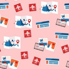 Seamless Pattern of Vintage Travel Ephemera Featuring Folded Maps Airplane Tickets Postcards and Stamps on a Pale Pink Background