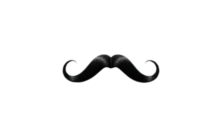 Black, elegant mustache with curled ends on solid dark background