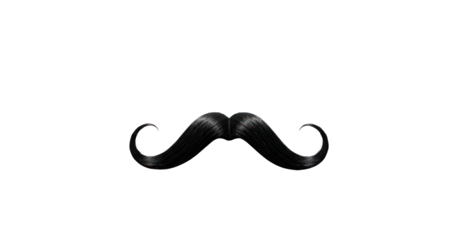 Black, elegant mustache with curled ends on solid dark background